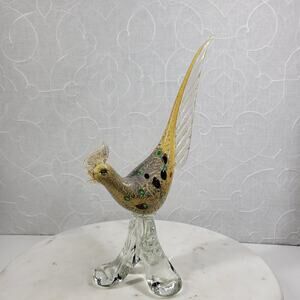 Vintage Murano Glass Sculpture 12" Gold Pheasant Italian Footed Golden Bird Art